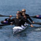 Lisa Carrington, Alicia Hoskin, Olivia Brett and Tara Vaughan celebrate their gold in the K4 500m...