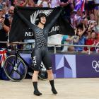 Gold medallist Ellesse Andrews, of New Zealand, celebrates after winning the women’s keirin final...