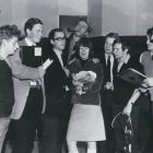 The cast of The Cambridge Circus in an NZBC radio studio during their 1964 tour. Producer Peter...