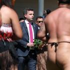 Act New Zealand leader David Seymour accepts a wero (challenge) at Te Whare Runanga during a...