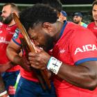 Tasman player Timoci Tavatavanawai celebrates with the Ranfurly Shield following the Bunnings...