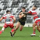 Otago lock Hagen Free charges the ball up field as the Counties-Manukau defence of Arthur...