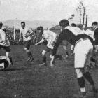 Warwick (Wellington) and Pennycook (Otago) contest the ball in a Wellington v Otago rugby match...