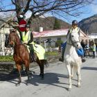 Queenstown riders Kate Pirovano (left), on Jimmy, and Kaye Eden, on Banjo, ride in Arrowtown’s...