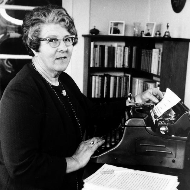 Unrivalled New Zealand writer Essie Summers is pictured with her typewriter and a manuscript for a Mills and Boon  romance novel at her family home in Preston Cres, Dunedin, during the 1960s. PHOTO: SUPPLIED