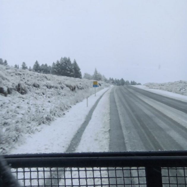 The view from a grit truck at the Burkes Pass summit on Tuesday morning. Photo: NZTA