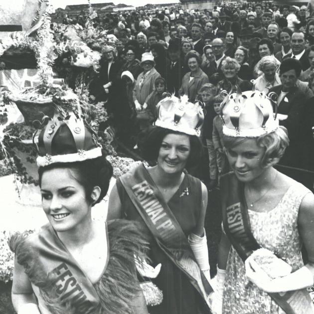Festival Queen Barbara Tubull and her two princesses, Valerie Nicholson and Gail Waldron,1969....