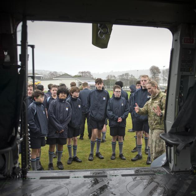 Sergeant Brilee Jordan, of the Royal New Zealand Air Force, speaks to King’s pupils.