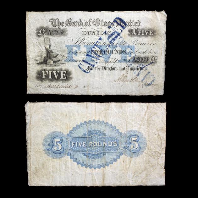 A rare Bank of Otago £5 note is up for auction at Mowbray Collectables, in Wellington, with an...