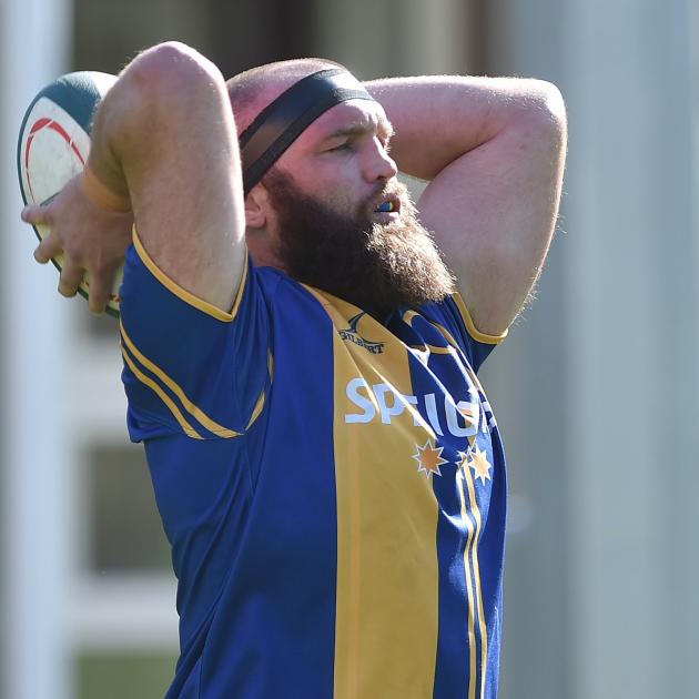 Veteran Otago hooker Liam Coltman prepares to throw the ball in during a training session at...