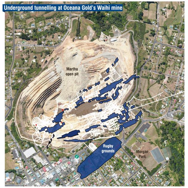 Oceana Gold’s Martha pit at its Waihi mine in the North Island — the shaded areas of the graphic are new ground to be mined. Photo: Supplied