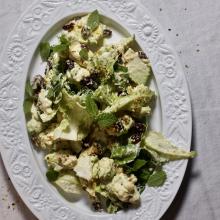 Mint leaves are used as a garnish on this yoghurt-marinated romanesco salad. Photo: Simon Lambert