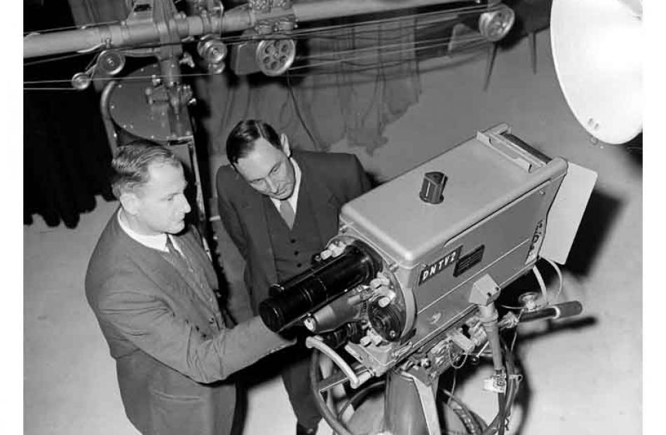 Mr K.C Sharp (left) and Mr F.W. Dawson of New Zealand Broadcasting Corporation inspecting...