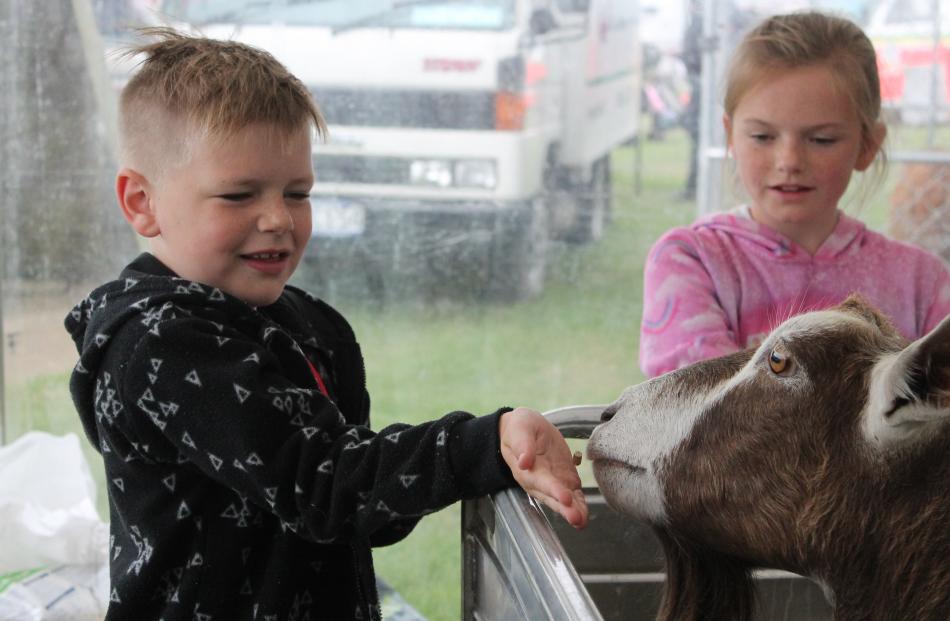 Brody  (7) and Chelsey Duncan-Rose (10), of Invercargill, get up close to a goat at the petting zoo.