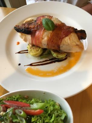 A chicken breast dinner features at the Lake Roxburgh Lodge restaurant. Photo: Pam Jones 