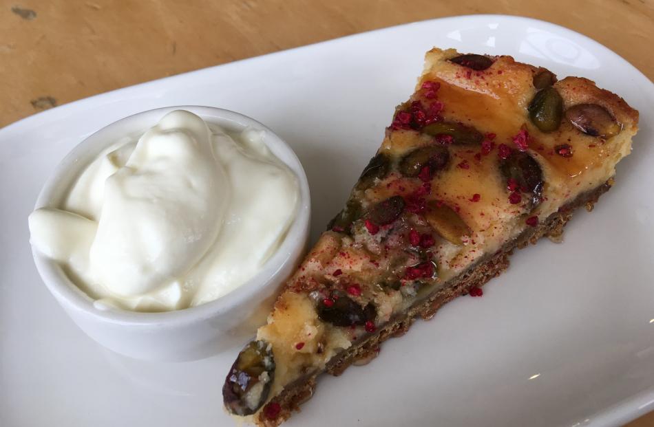 Honey pistachio cheesecake is ready to be enjoyed at Ranfurly's Maniototo Cafe. Photo: Pam Jones 