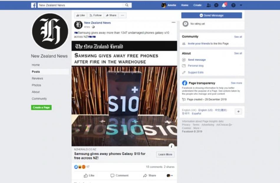 A screenshot of the fake NZ Herald Facebook page. Photo: NZ Herald
