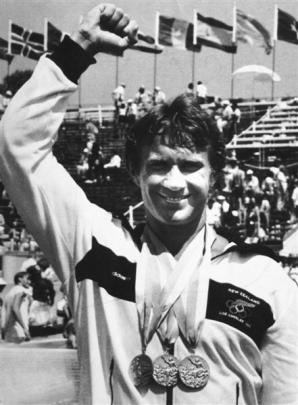 Ian Ferguson shows off his canoeing gold medals in Los Angeles in 1984.