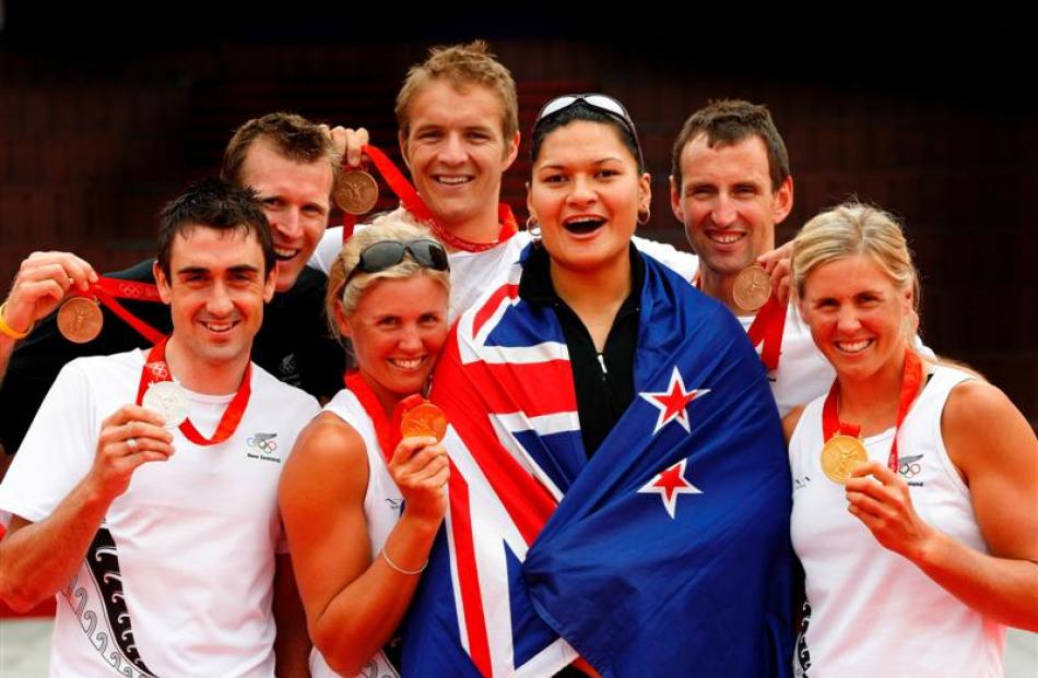 New Zealand medallists Hayden Roulston, Mahe Drysdale, Georgina Evers-Swindell, George...
