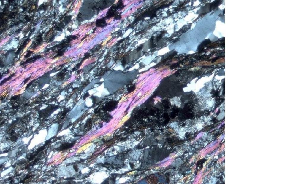 A polished slice of Otago schist rock glows in bright colours under the microscope.