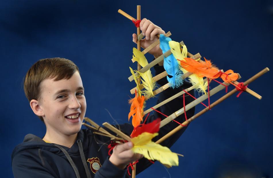 Lee Stream School pupil Charlie Nichol (11) displays his mana tukutuku (Maori kite).