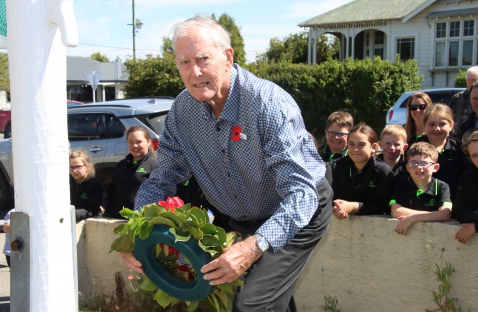 West Otago RSA member Harold Hancox lays a wreath at the Tapanui Armistic Day commemoration....