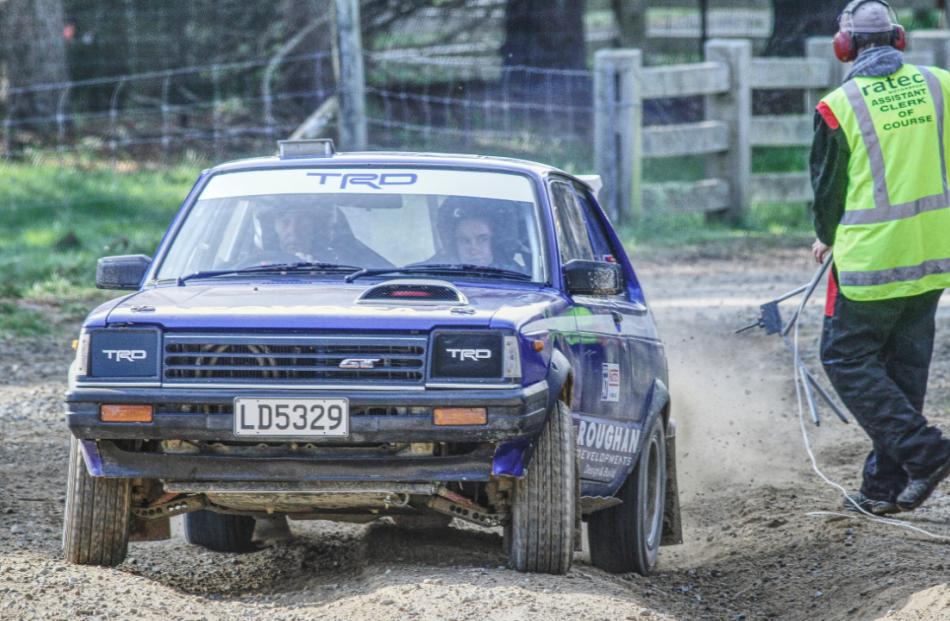 Paul Roughan of Blenheim climbs out of the start line holes at the 2022 Ashley Forest Rallysprint...