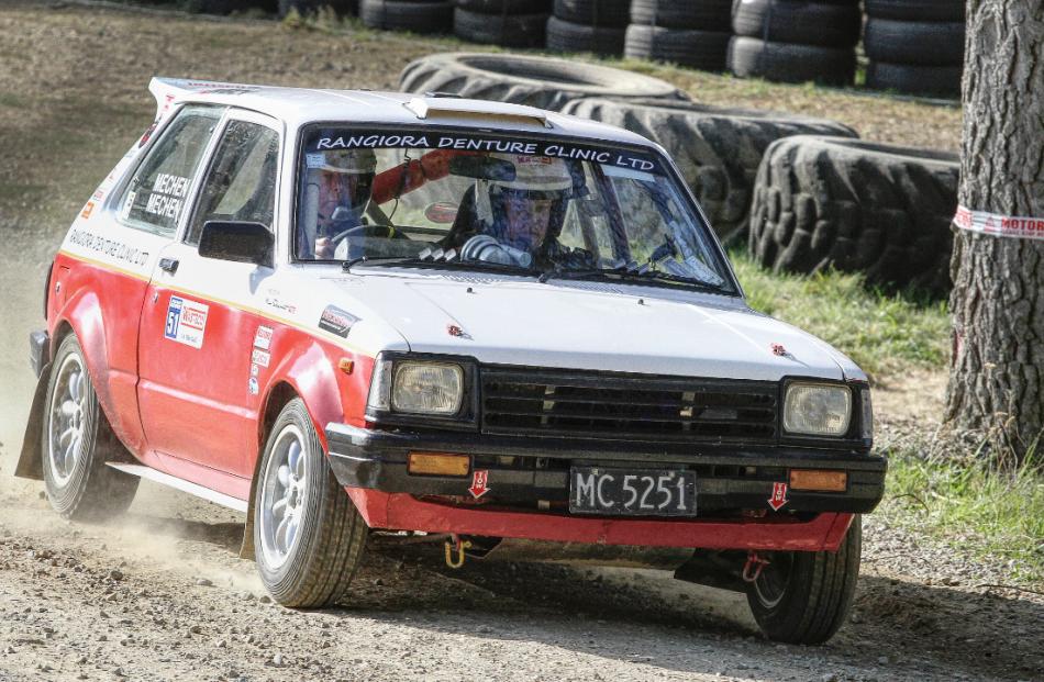 Garry Mechen of Rangiora  competes in his Toyota Starlet at the 2022 Ashley Forest Rallysprint on...
