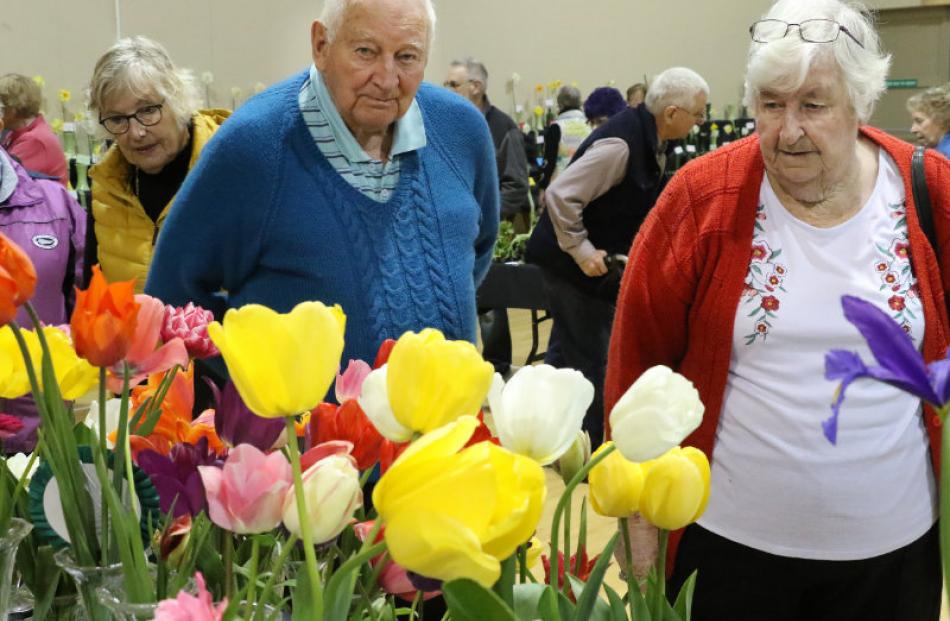 Mervyn Willis and Velda Hopkins of Kaiapoi look over the cut blooms at the  89th annual Woodend...