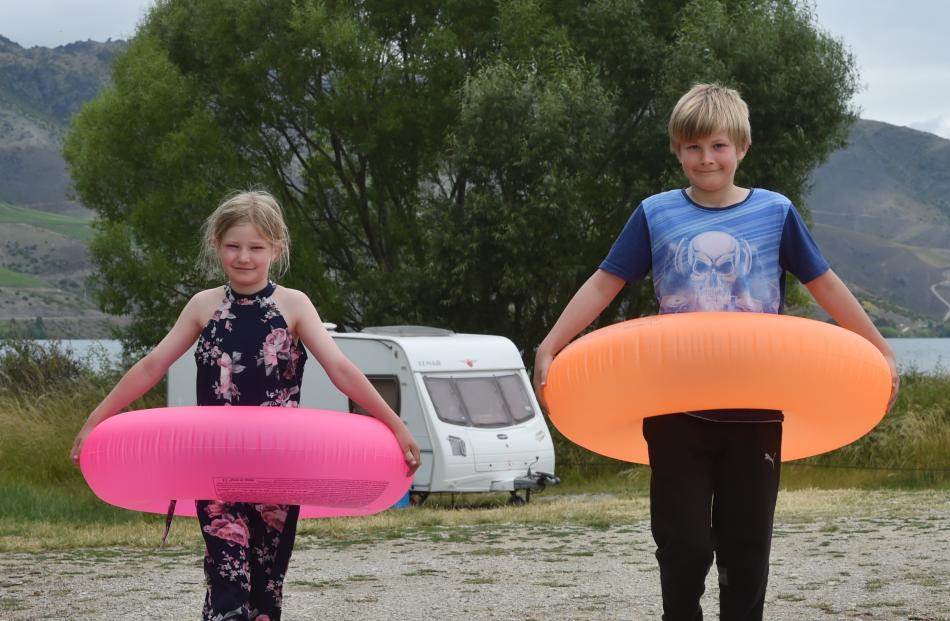 Ready for a dip in Lake Dunstan from the Lowburn camping grounds are Chloe (9) and Slade (11)...