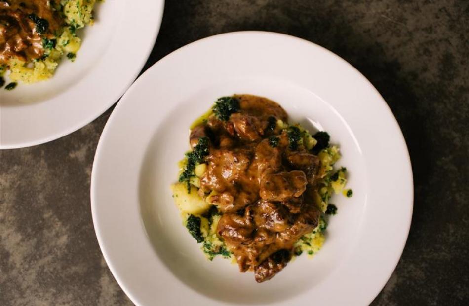 Blanquette of veal with crushed potatoes and fresh herbs.