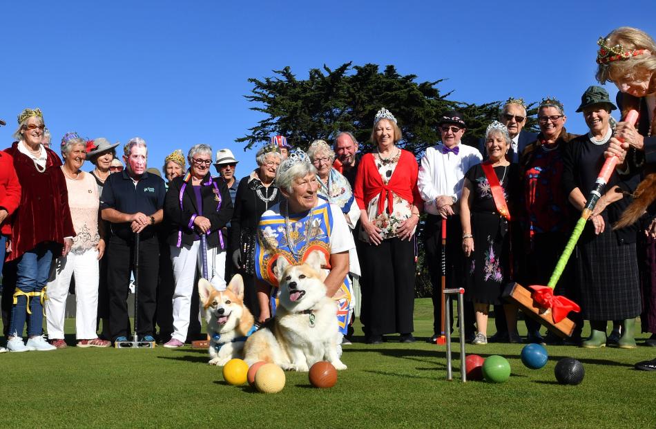 Members of the Tainui Croquet Club look on as Trish Enright, of Mosgiel, hits a croquet ball...