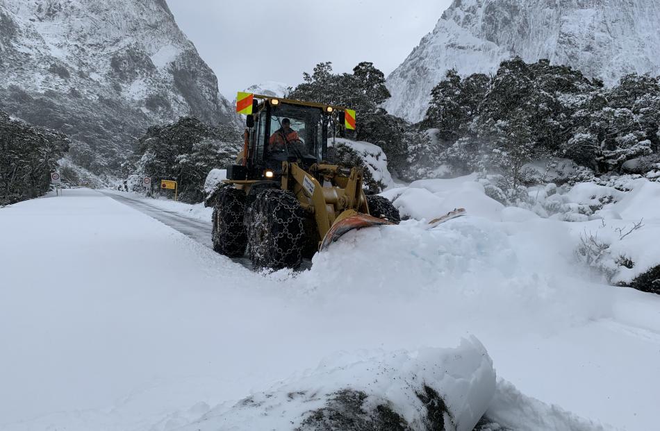 Snow clearing on the Milford Road this morning. Photo: Waka Kotahi/Milford Road