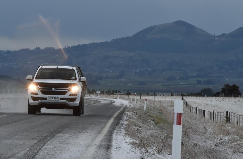 Snow on State Highway 87 near Outram on Wednesday morning. Photo: Gregor Richardson