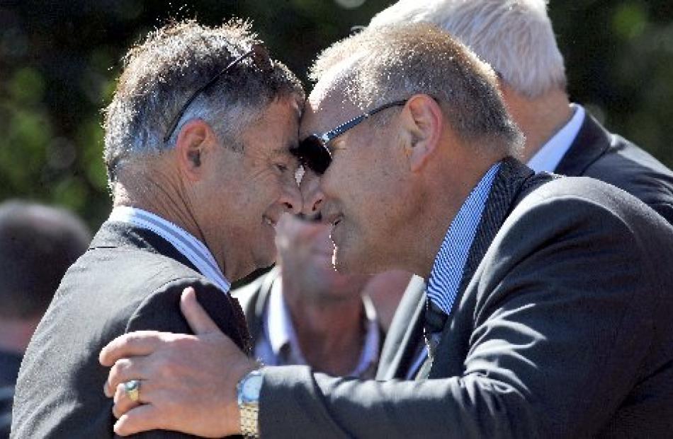 Dunedin Mayor Dave Cull and Te Runanga o Ngai Tahu kaiwhakahaere Sir Mark Solomon hongi yesterday...