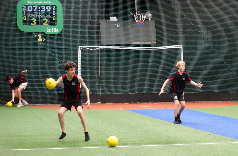 Liam Hill, Oliver Scarth and Finn Leeds (all South Otago) give dodgeball a go. PHOTOS: SUPPLIED