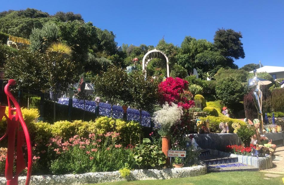 Strong colours and artworks can be appreciated in the garden at the Giant’s House, Akaroa. ...
