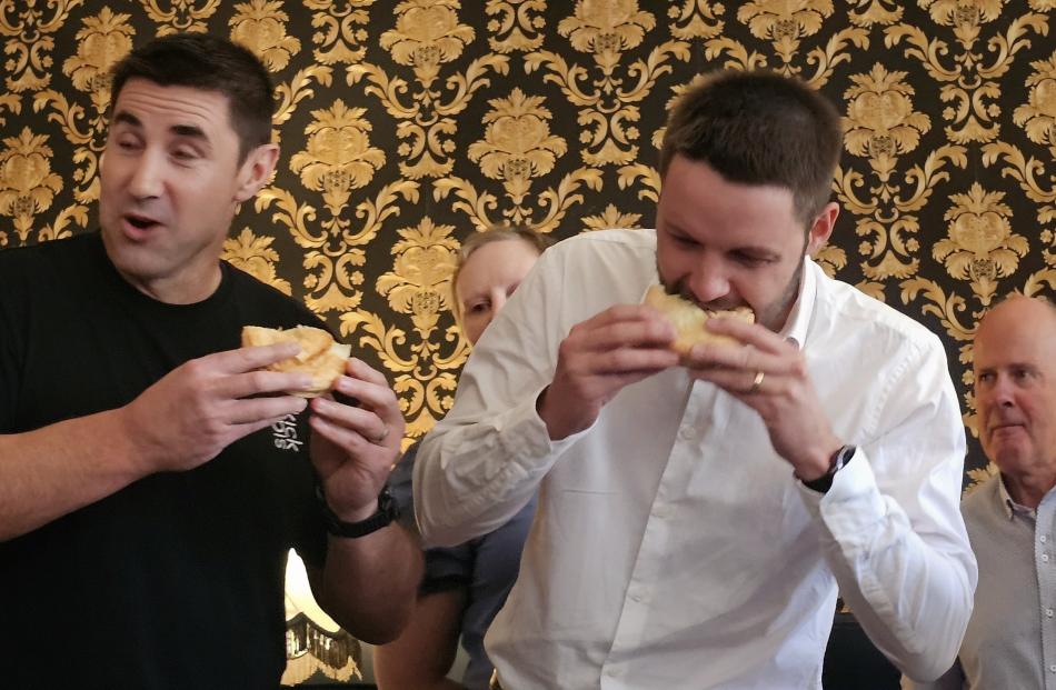 Chowing down on their Fairlie Bakehouse pies are Richard Wheeler (left) from the accountants’...