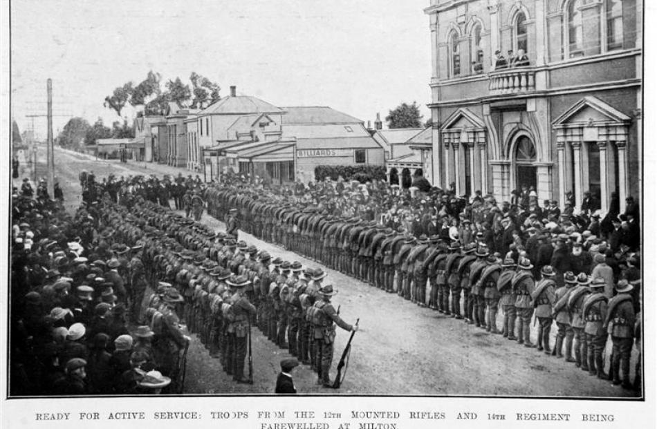 A 1914 'Otago Witness' image showing Otago Mounted Rifles and 14th Regiment troops being...