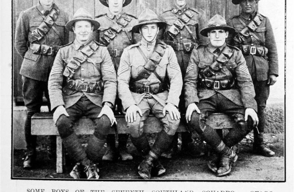 A photograph from the Otago Witness in 1916 of members of the Seventh Southland Squadron, Otago...