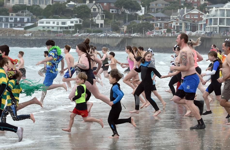 Swimmers enter the water at the annual St Clair Surf Club 95th Polar Plunge yesterday.