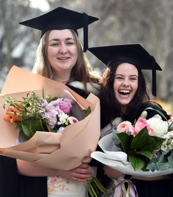 University of Otago graduates Isobel Taylor (left), of Waikato, and Caitlin Braun, of Dunedin,...