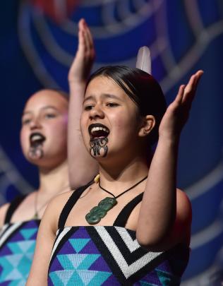 Kara-Lee Kake (left) and Tui Peke, of Te Kura Kaupapa Māori o Ōtepoti, perform. PHOTOS: PETER...