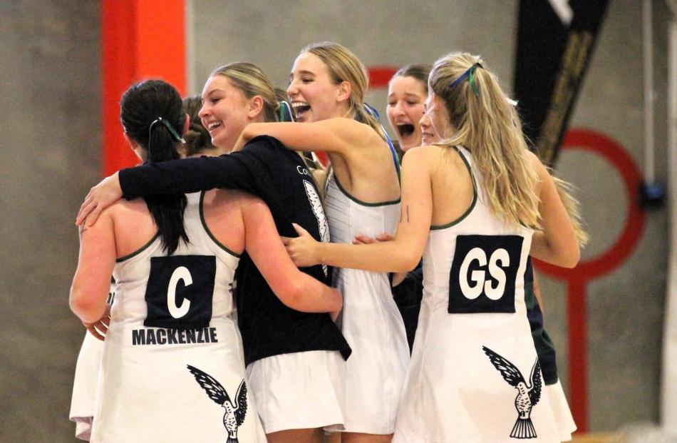 Columba College netballers celebrate another win at the South Island secondary schools tournament...