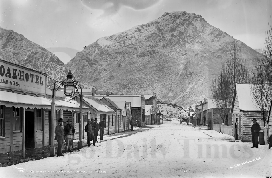 Street view, Arrowtown, Otago, NZ, winter, 1876-1880, Clutha-Central Otago, by William Hart, Hart...