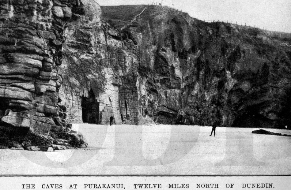 Purakaunui beach, north of Dunedin, showing entrances to the Cathedral and the large cave; the...