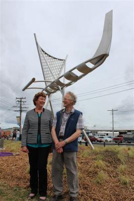 Owaka Going Forward chairwoman Aileen Clarke  and sculpture designer Russell Beck enjoy the...