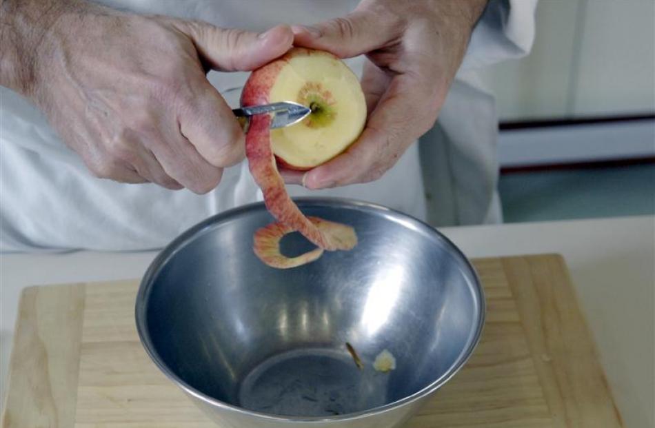 2. To peel an apple, start at the stem end and, with a peeler or small knife, peel round and...