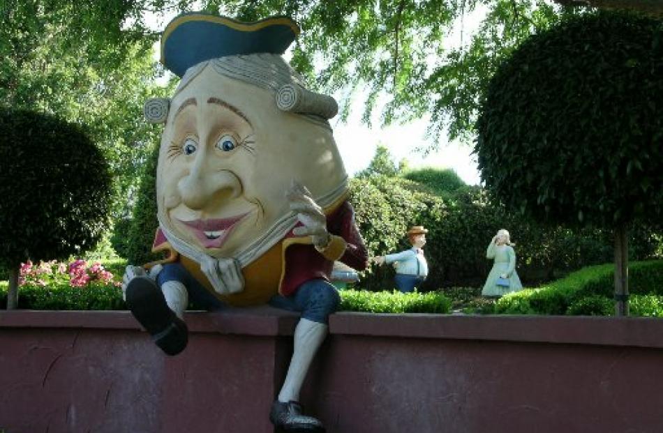 Humpty Dumpty with Gorgie Porgy in an adjacent storybook area at the Hunter Valley Gardens. Photo...