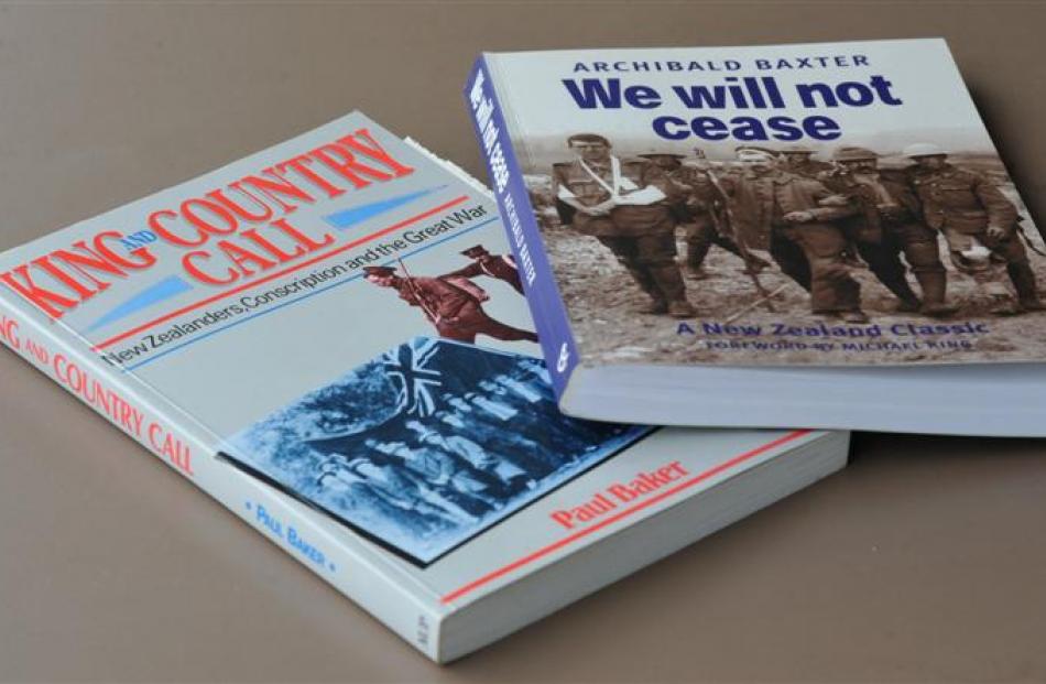 Archibald Baxter's book <i>We Will Not Cease</i>, overlays Paul Baker's <i>King and Country Call<...